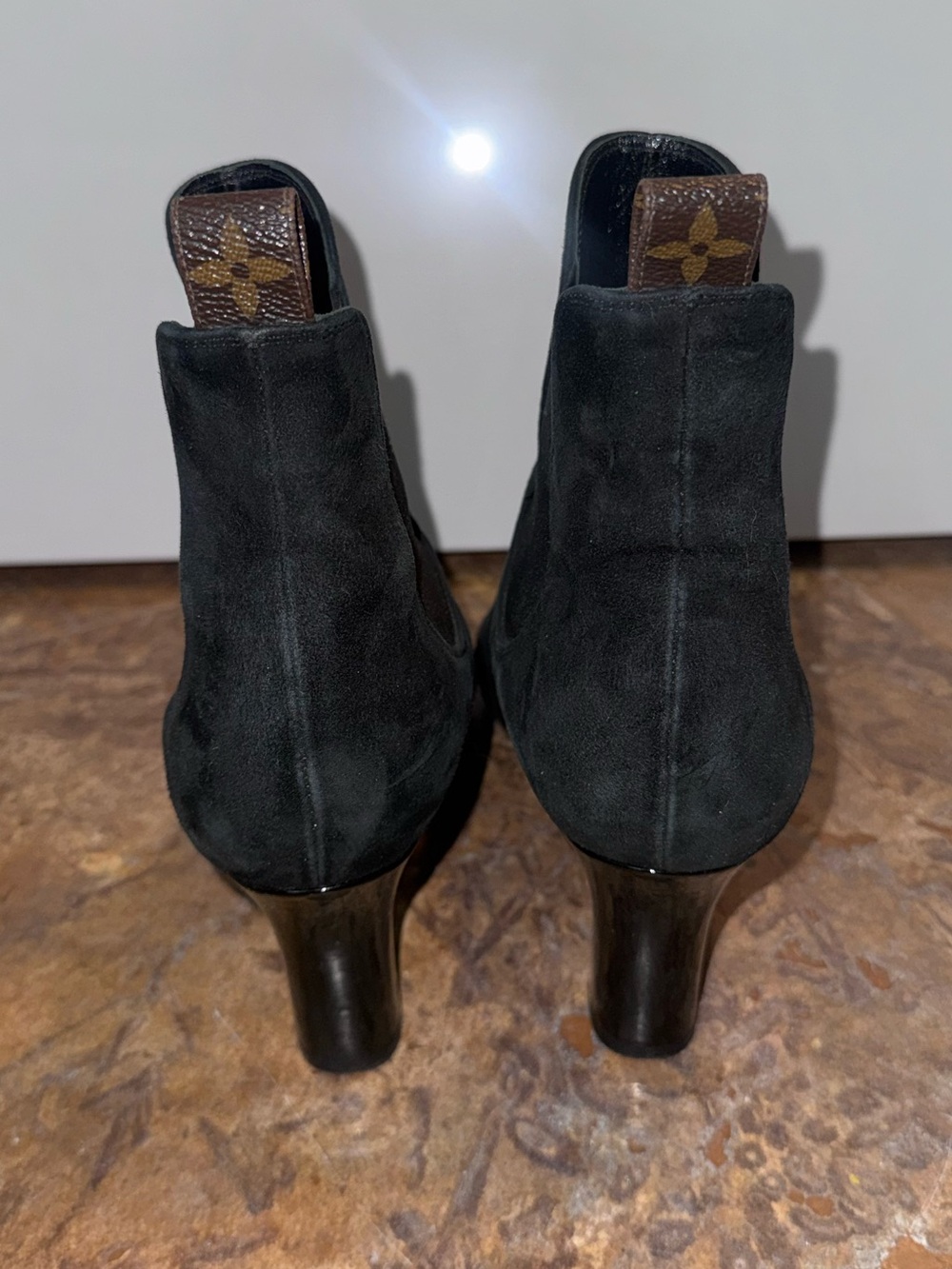 Louis Vuitton Black Suede Ankle Booties with Monogram Pull Tabs